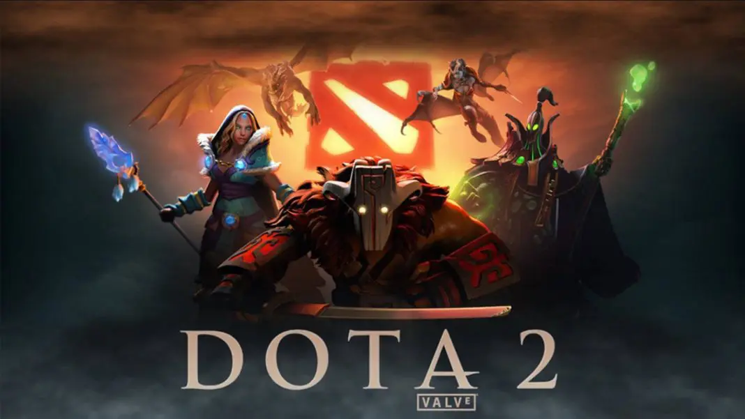 Dota 2 poster featuring Juggernaut, Rubick, Queen of Pain, Crystal Maiden, and Dragon Knight