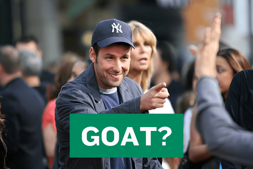 Adam Sandler with a banner reading 