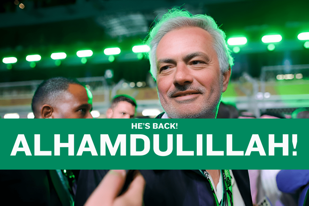 Jose Mourinho with a banner reading 