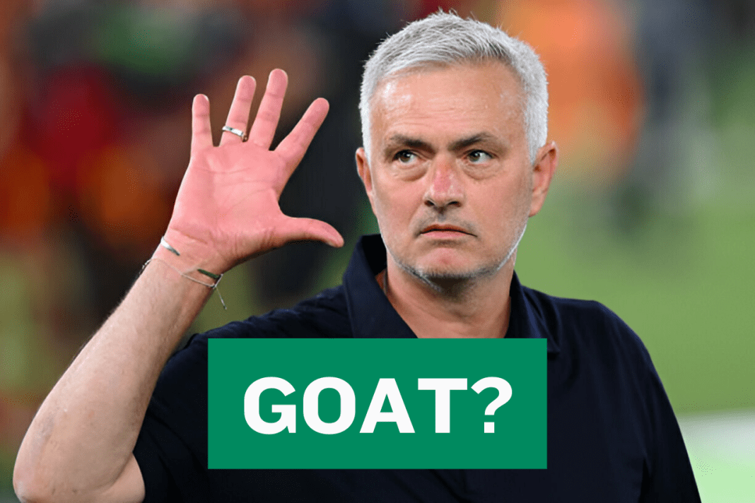 Jose Mourinho showing 5 fingers to commemorate his 5 European cups