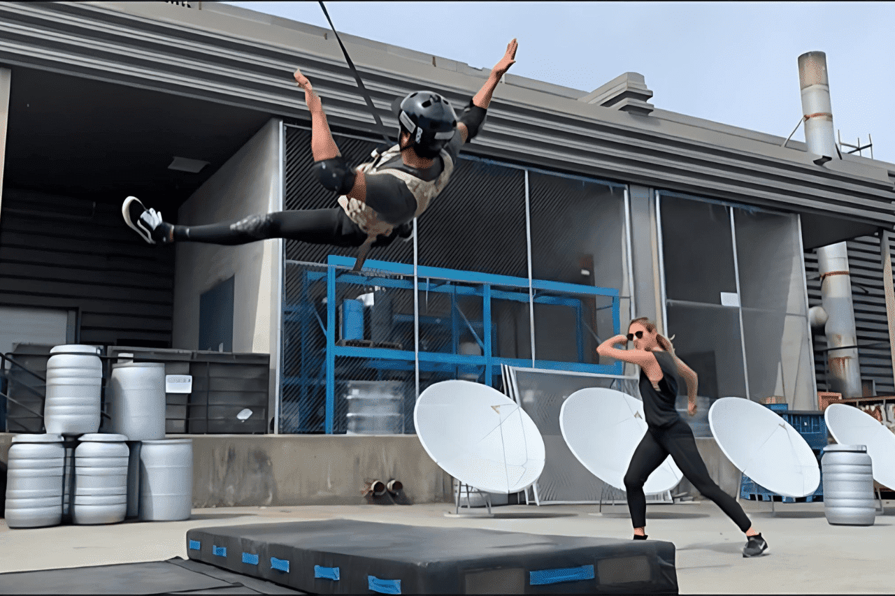 Two stunt-workers performing a movie stunt