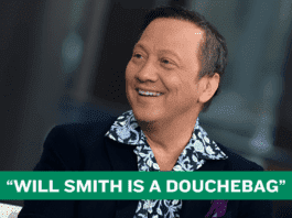 Rob Schneider with a quote saying "Will Smith is a Douchebag"